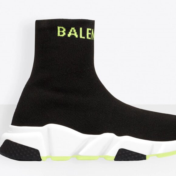 Balenciaga Mens Speed Black Yellow Logo Sock Flat High Top Trainer Sneaker 46 - Picture 1 of 9